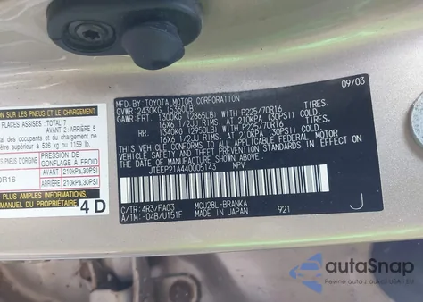 2004 Toyota Highlander V6 z USA, uszkodzony, nr VIN JTEEP21A440005143